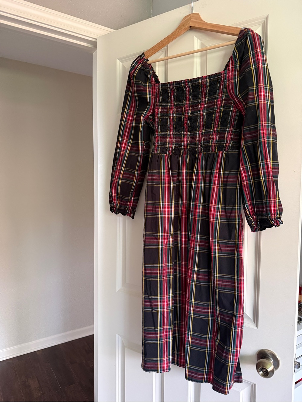 J. Crew Factory Red and Black Plaid Smocked Dress